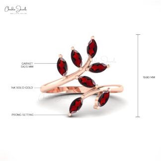 Marquise Leaf Style Ring In Real 14k Gold Red Garnet 7 Stone January Birthstone Ring