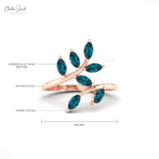 Solid 14k Gold Seven Stone Ring With 5×2.5mm London Blue Topaz Gemstone Leaf Ring
