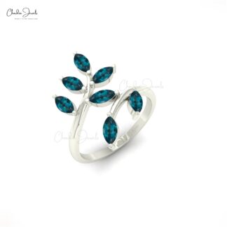 Solid 14k Gold Seven Stone Ring With 5x2.5mm London Blue Topaz Gemstone Leaf Ring