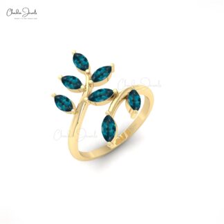 Solid 14k Gold Seven Stone Ring With 5×2.5mm London Blue Topaz Gemstone Leaf Ring