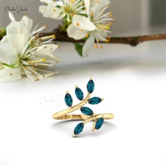 Solid 14k Gold Seven Stone Ring With 5×2.5mm London Blue Topaz Gemstone Leaf Ring