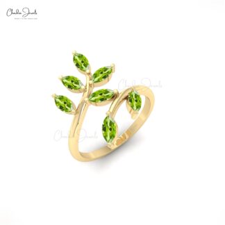 Marquise Gemstone Ring in 14k Real Gold Green Peridot 7 Stone Prong Set Ring