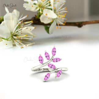 Real 14k Gold Leaf Ring With 5×2.5mm Pink Sapphire Statement Wedding Ring