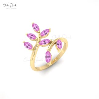Real 14k Gold Leaf Ring With 5×2.5mm Pink Sapphire Statement Wedding Ring