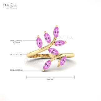 Real 14k Gold Leaf Ring With 5×2.5mm Pink Sapphire Statement Wedding Ring