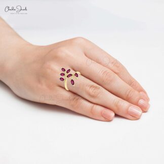 Natural Rhodolite Garnet Leaf Ring In Solid 14k Gold Seven Stone Hallmarked Women Jewelry