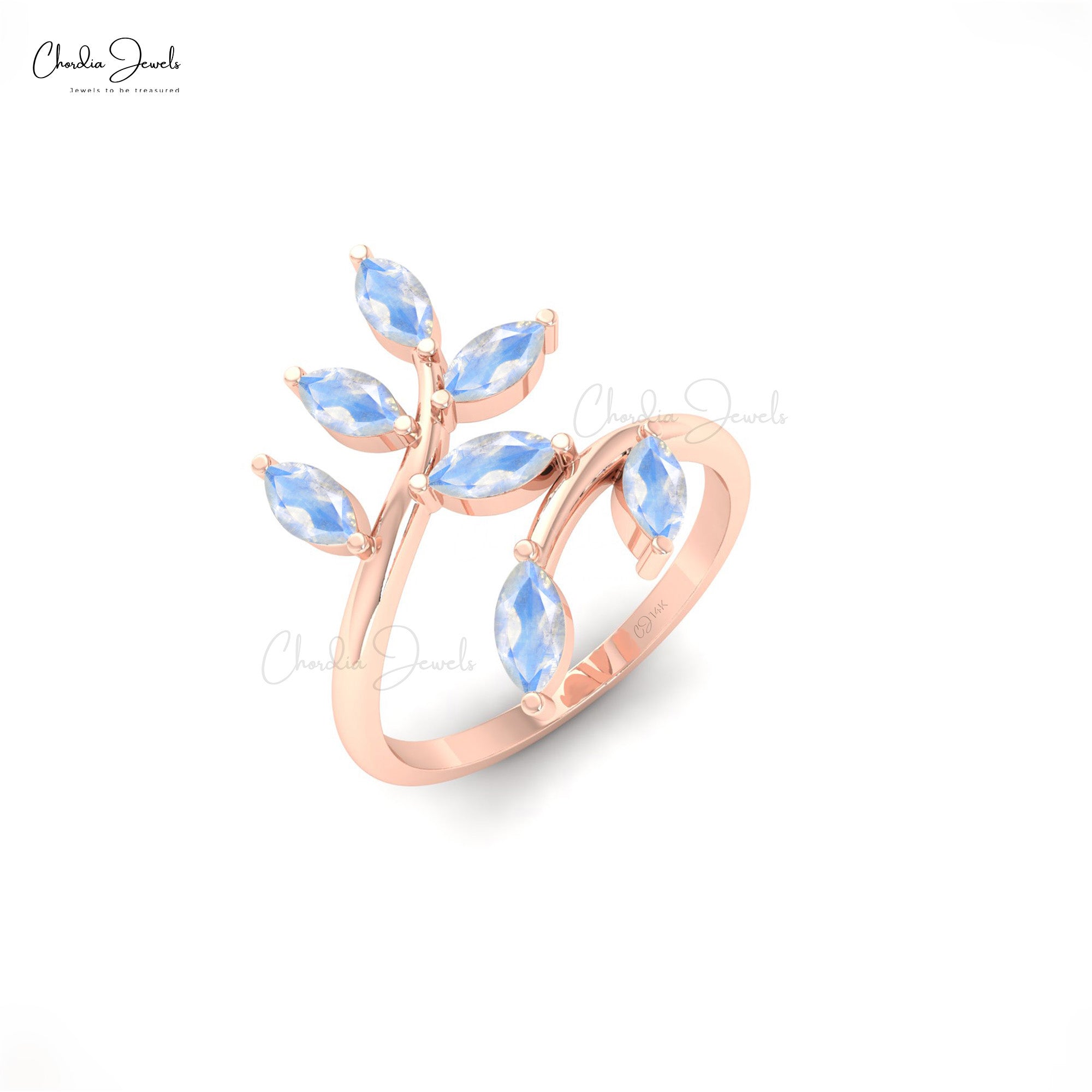 Leaf Design 5×2.5mm Marquise Cut Rainbow Moonstone Wedding Ring