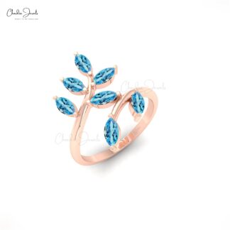 Olive Leaf Style Open Band With 5×2.5mm Swiss Blue Topaz Prong Set In 14k Pure Gold Ring