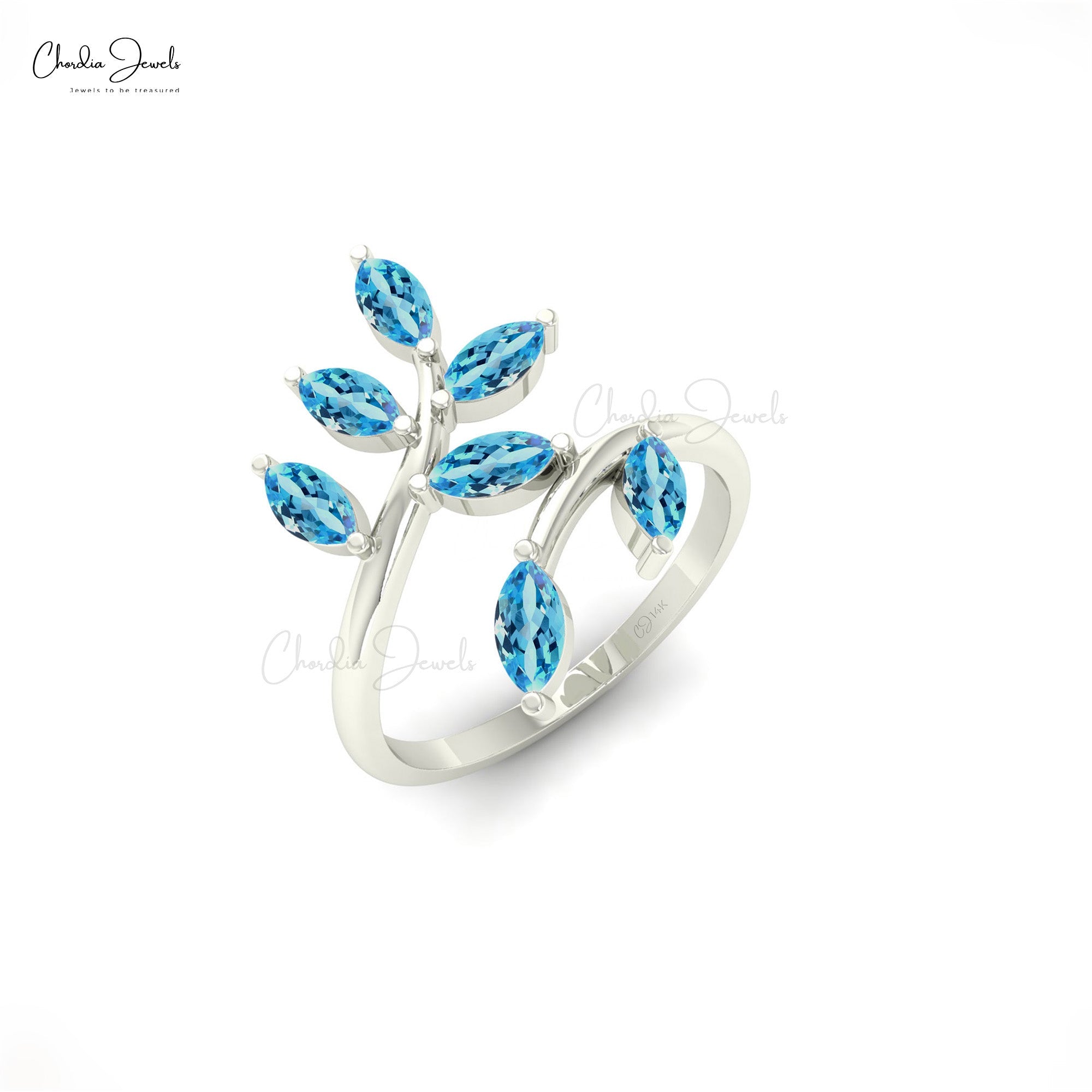 Olive Leaf Style Open Band With 5×2.5mm Swiss Blue Topaz Prong Set In 14k Pure Gold Ring