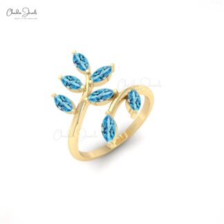 Olive Leaf Style Open Band With 5×2.5mm Swiss Blue Topaz Prong Set In 14k Pure Gold Ring