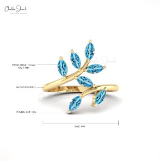 Olive Leaf Style Open Band With 5×2.5mm Swiss Blue Topaz Prong Set In 14k Pure Gold Ring