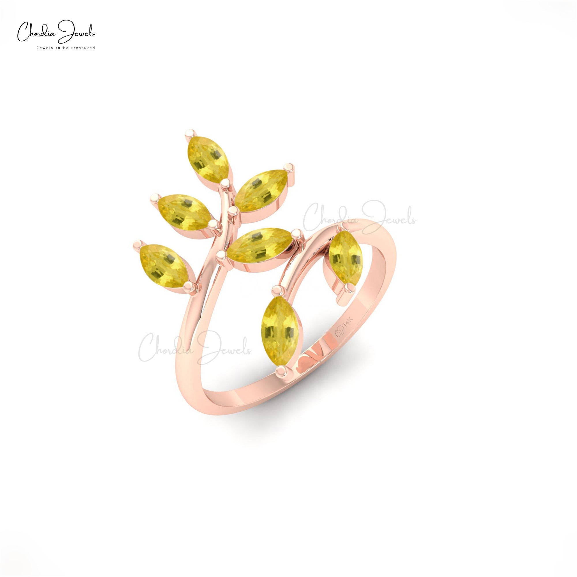 Delicate 7 Stone Ring In 0.91 Ct Yellow Sapphire Gemstone 14k Real Gold Leaf Jewelry