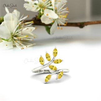 Delicate 7 Stone Ring In 0.91 Ct Yellow Sapphire Gemstone 14k Real Gold Leaf Jewelry