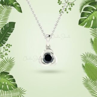 Round Single Stone Pendant With 7mm Black Diamond Twisted Necklace In 14k Solid Gold