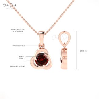 Dainty Solitaire Pendant With 7mm Red Garnet Pressure Set In Real 14k Gold Mom Necklace