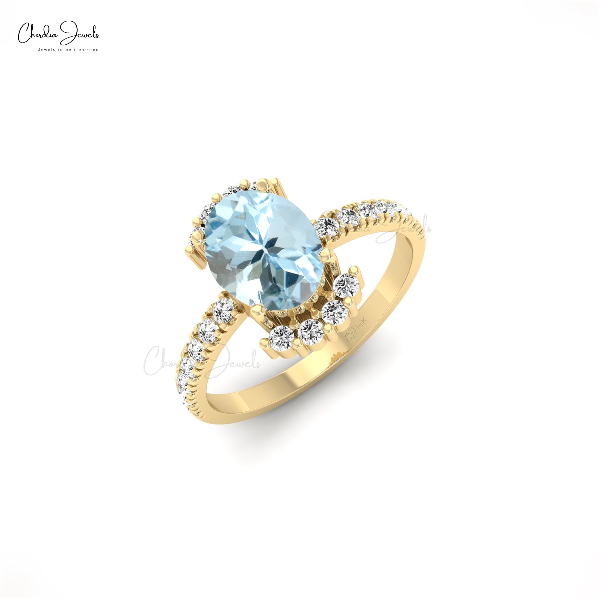 Genuine Aquamarine 8x6mm Oval Gemstone With Diamond Half Halo 14k Real Gold Ring