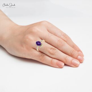 Halo Diamond 14k Solid Gold Ring With 1.34 Ct Oval Amethyst Proposal Ring