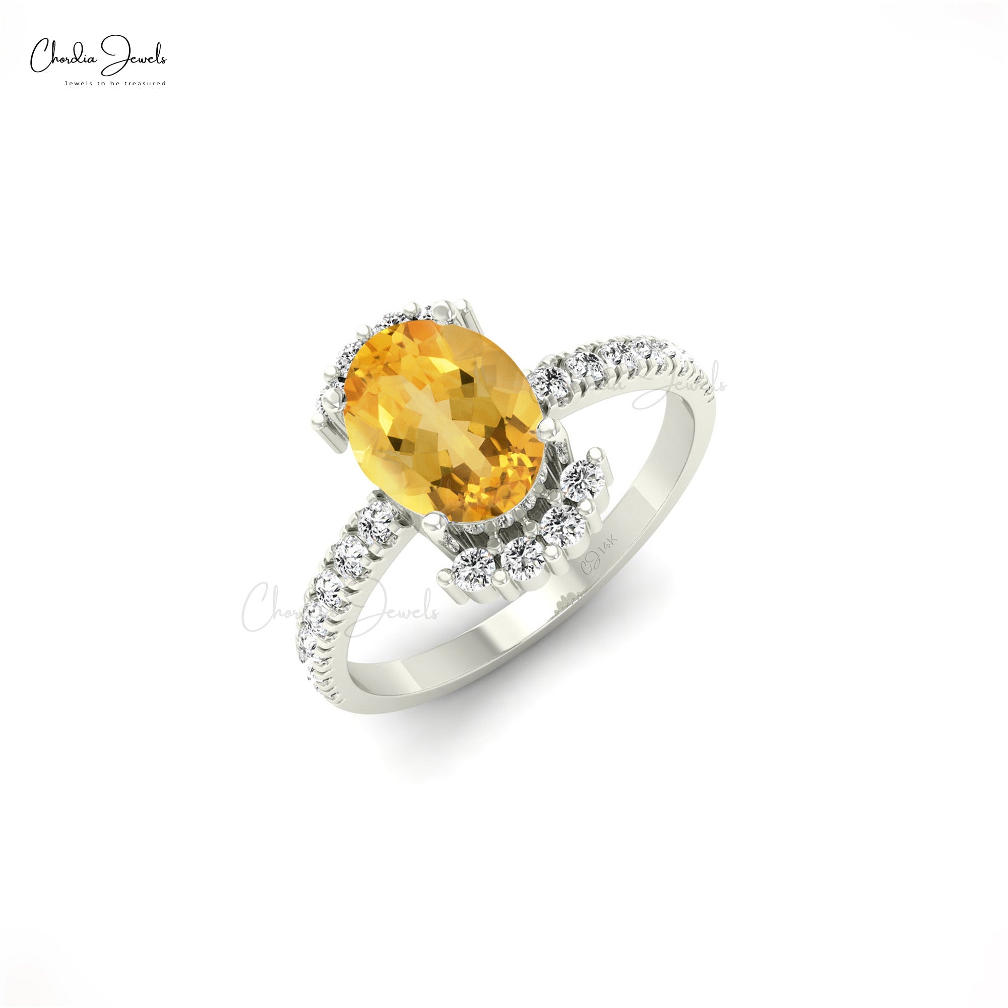 Gemstone Half Halo Ring With 8x6mm Citrine And Pave Diamond Proposal Ring In 14k Gold