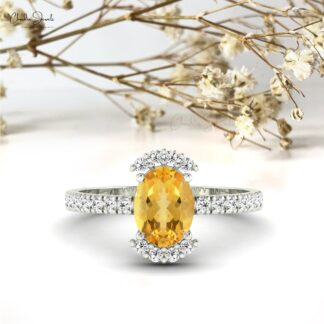 Gemstone Half Halo Ring With 8x6mm Citrine And Pave Diamond Proposal Ring In 14k Gold
