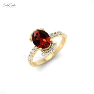 Half Halo Gemstone Ring In 14k Solid Gold Garnet And G-H Diamond Promise Ring