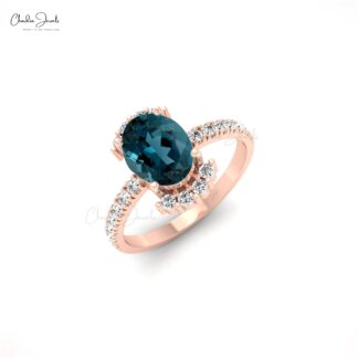 Real 14k Gold Half Halo Ring With 8x6mm London Blue Topaz Side Diamond Engagement Ring