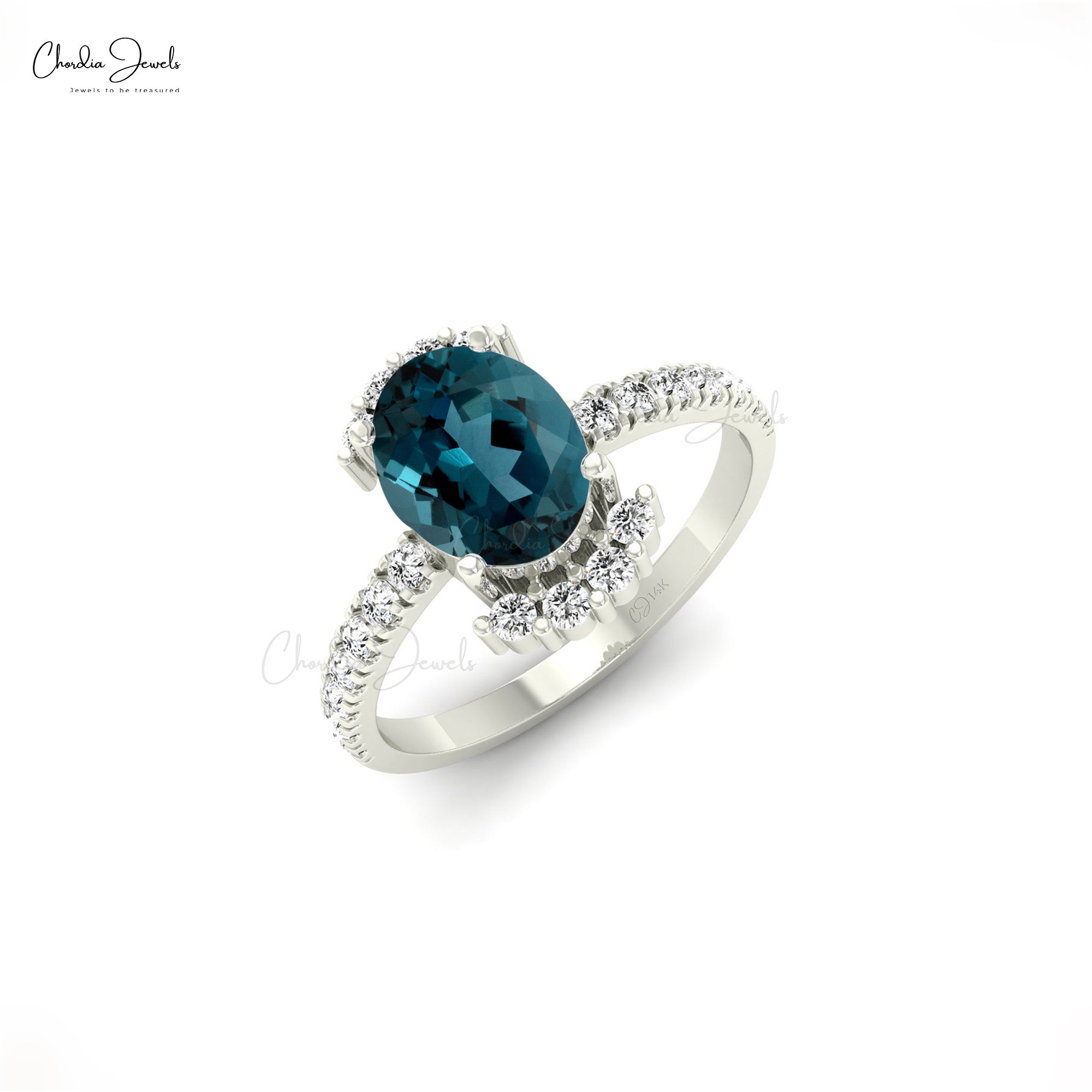Real 14k Gold Half Halo Ring With 8x6mm London Blue Topaz Side Diamond Engagement Ring