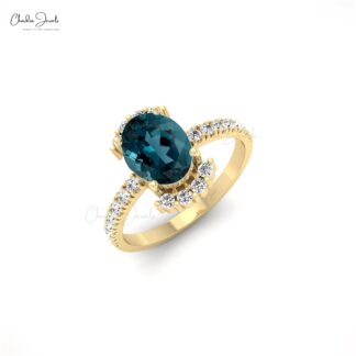 Real 14k Gold Half Halo Ring With 8x6mm London Blue Topaz Side Diamond Engagement Ring