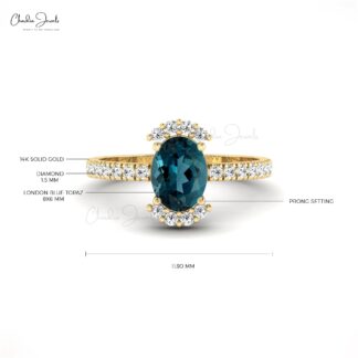 Real 14k Gold Half Halo Ring With 8x6mm London Blue Topaz Side Diamond Engagement Ring