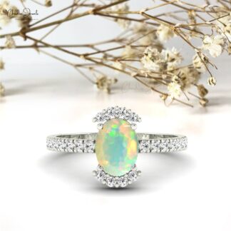 Half Halo Wedding Ring In 14k Solid Gold Fire Opal 1.34 Ct Gemstone And Diamond Ring