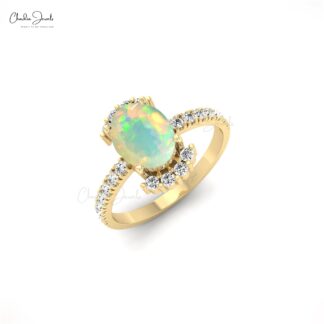 Half Halo Wedding Ring In 14k Solid Gold Fire Opal 1.34 Ct Gemstone And Diamond Ring