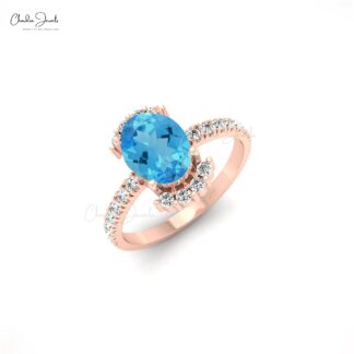 Half Halo Swiss Blue Topaz 1.36 Ct Oval Gemstone And Diamond 14k Real Gold Ring