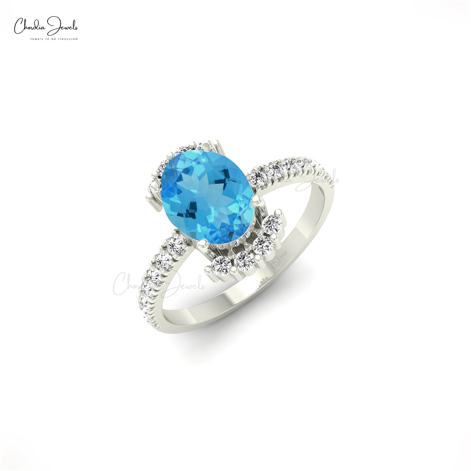 Half Halo Swiss Blue Topaz 1.36 Ct Oval Gemstone And Diamond 14k Real Gold Ring