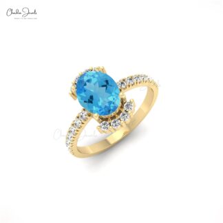 Half Halo Swiss Blue Topaz 1.36 Ct Oval Gemstone And Diamond 14k Real Gold Ring