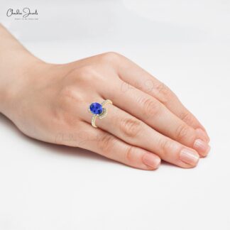 Oval Half Halo Ring With 8x6mm Tanzanite And Pave Diamond Wedding Ring In 14k Real Gold