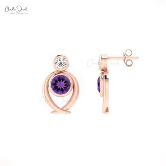 Natural Amethyst 2 Stone Stud Earrings In 14k Pure Gold Diamond Bezel Set Hallmark Jewelry
