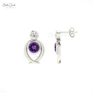 Natural Amethyst 2 Stone Stud Earrings In 14k Pure Gold Diamond Bezel Set Hallmark Jewelry