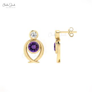 Natural Amethyst 2 Stone Stud Earrings In 14k Pure Gold Diamond Bezel Set Hallmark Jewelry