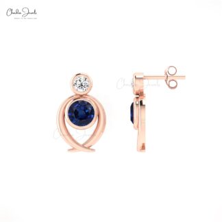 Dual Birthstone Stud In 14k Solid Gold Blue Sapphire 0.94 Ct Gemstone & Diamond Earrings
