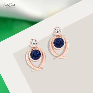 Dual Birthstone Stud In 14k Solid Gold Blue Sapphire 0.94 Ct Gemstone & Diamond Earrings