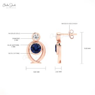 Dual Birthstone Stud In 14k Solid Gold Blue Sapphire 0.94 Ct Gemstone & Diamond Earrings