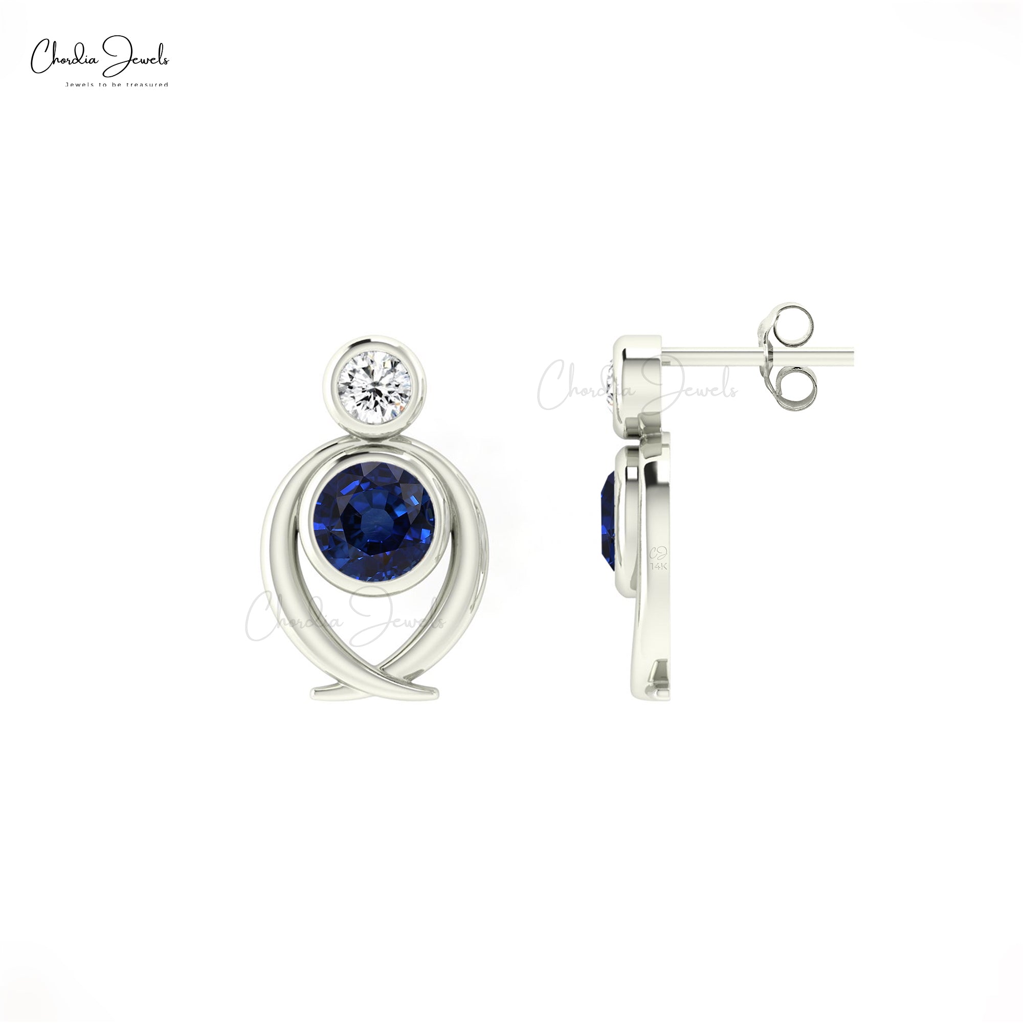 Dual Birthstone Stud In 14k Solid Gold Blue Sapphire 0.94 Ct Gemstone & Diamond Earrings