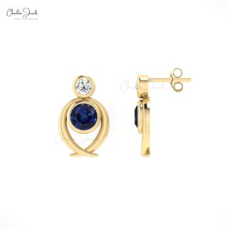 Dual Birthstone Stud In 14k Solid Gold Blue Sapphire 0.94 Ct Gemstone & Diamond Earrings