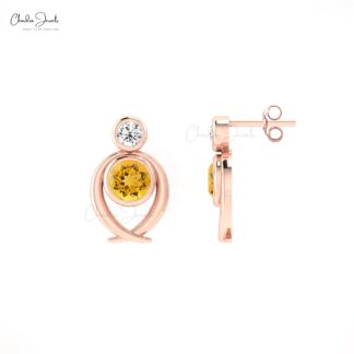 Dual Stone Bezel Set Studs With 5mm Citrine And Diamond Accents In 14k Solid Gold Earrings