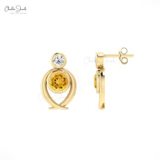 Dual Stone Bezel Set Studs With 5mm Citrine And Diamond Accents In 14k Solid Gold Earrings