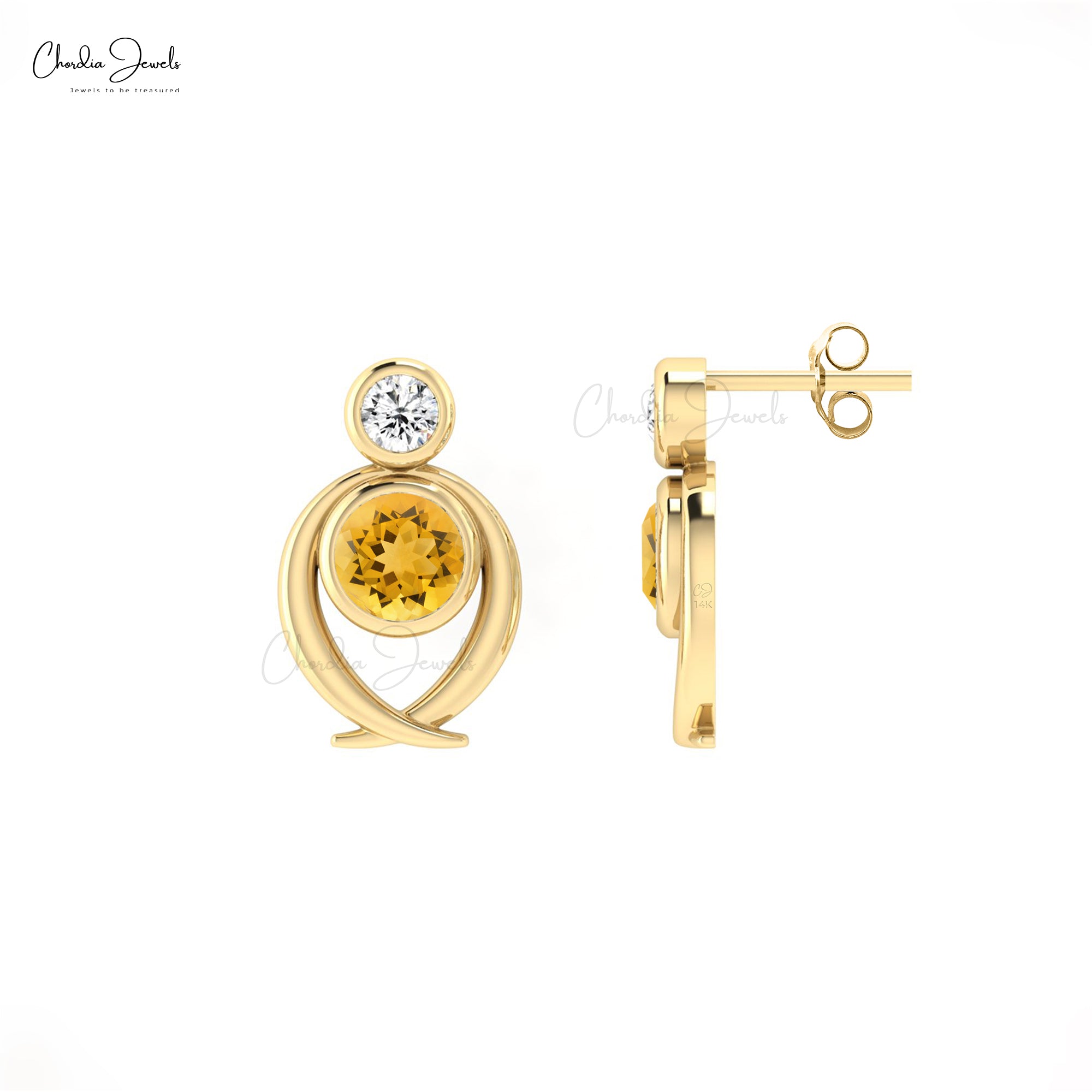 Dual Stone Bezel Set Studs With 5mm Citrine And Diamond Accents In 14k Solid Gold Earrings
