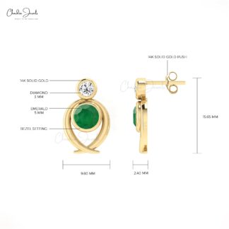 Natural Emerald & Diamond 2-Stone Stud Earrings In Solid 14k Gold