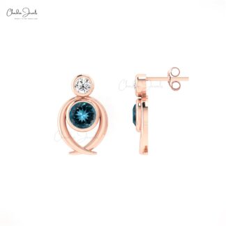 Dual Birthstone London Blue Topaz & Diamond 2 Stone Earrings in 14k Solid Gold Jewelry
