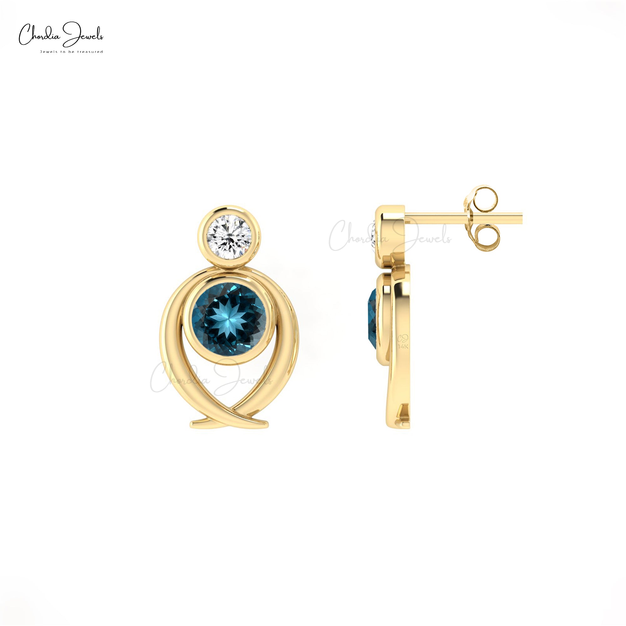 Dual Birthstone London Blue Topaz & Diamond 2 Stone Earrings in 14k Solid Gold Jewelry