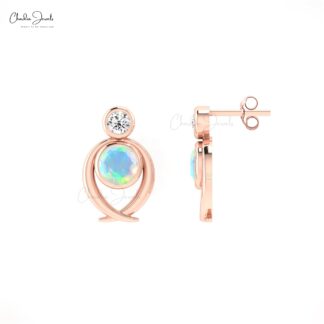 Diamond Accented Bezel Set Earrings with 5mm Fire Opal Two Stone Studs In 14k Solid Gold