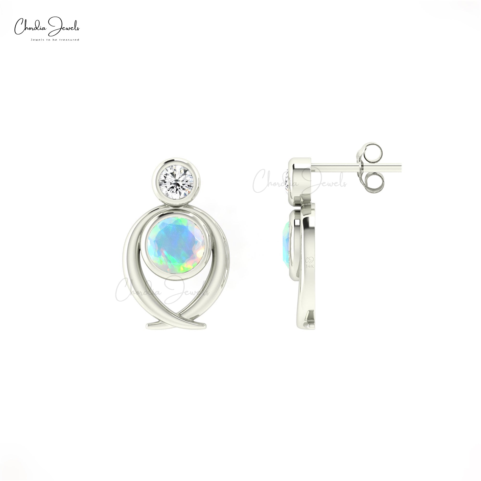 Diamond Accented Bezel Set Earrings with 5mm Fire Opal Two Stone Studs In 14k Solid Gold